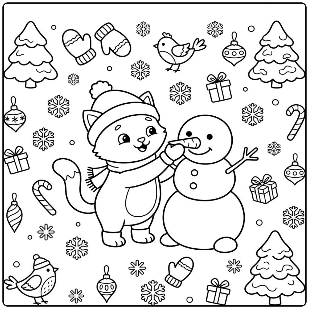 Schattige kleurplaat kitten bouwt een sneeuwpop in de kou.