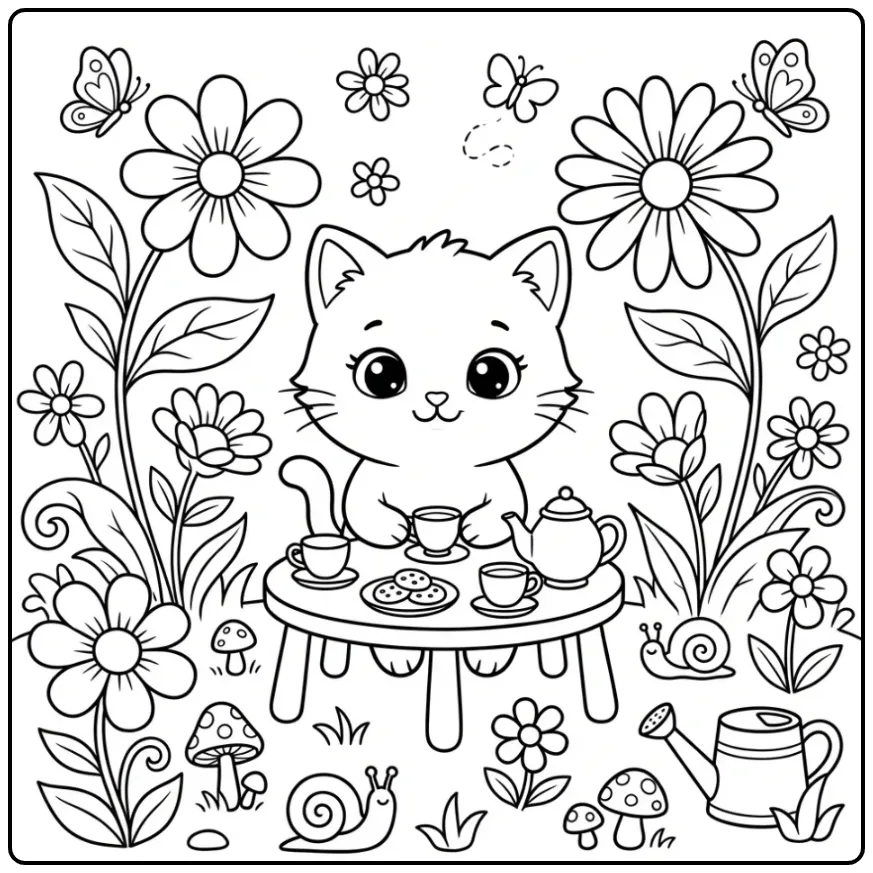 Schattige kleurplaat kitten bij een theefeestje in de tuin.
