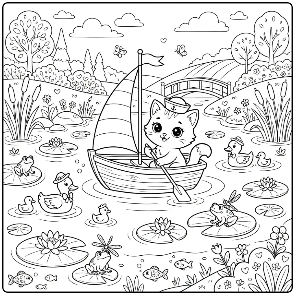 Schattige kleurplaat kitten varend in een klein bootje.