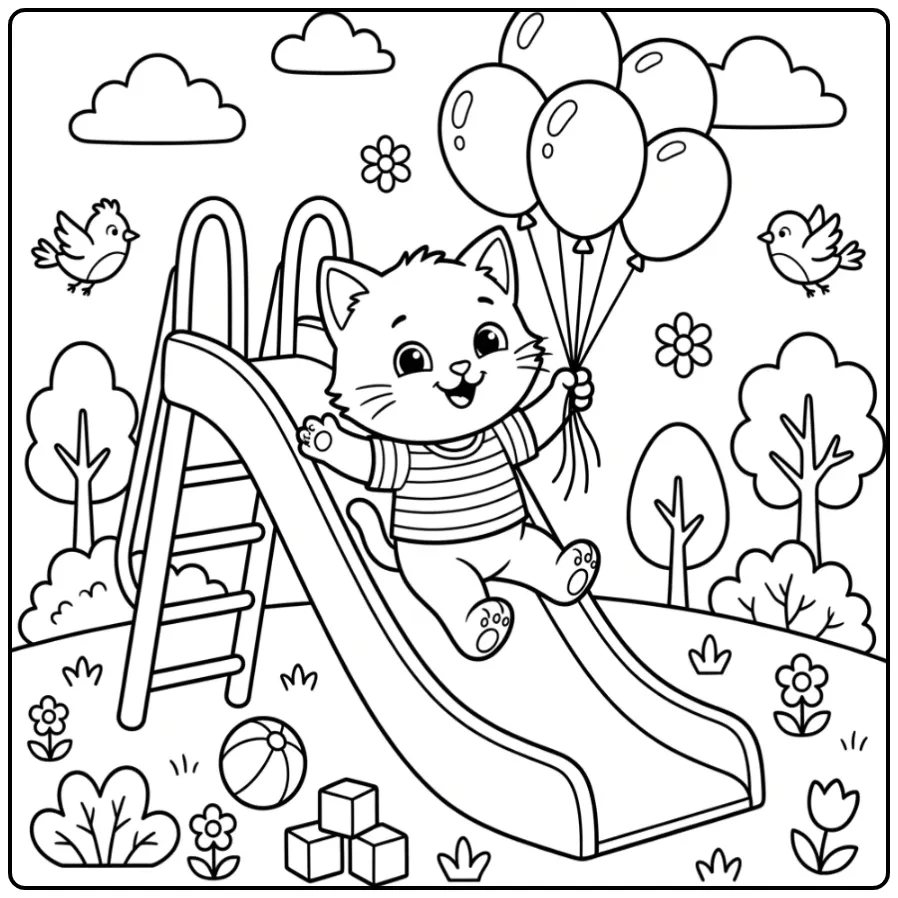 Schattige kleurplaat kitten spelend op een glijbaan.