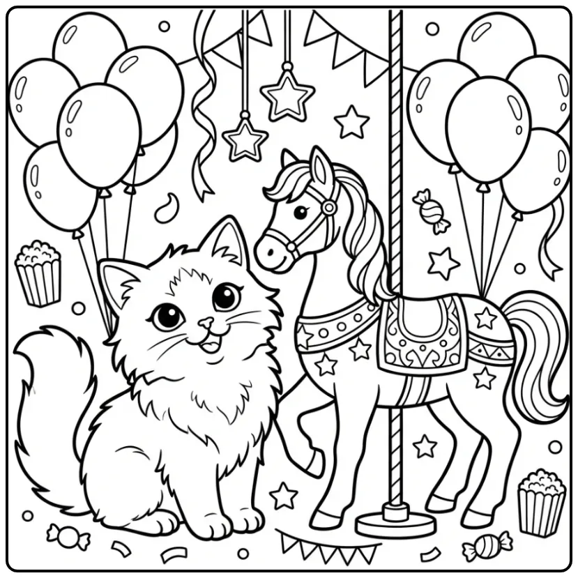 Een kleurplaat kitten schattig op de kermis met ballonnen.