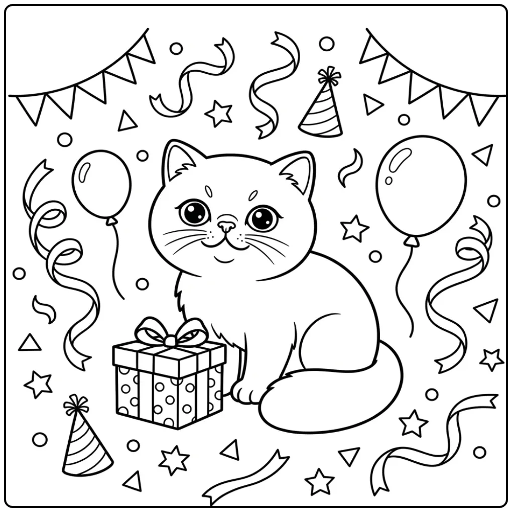 Een feestelijke kleurplaat kitten schattig met een cadeau.