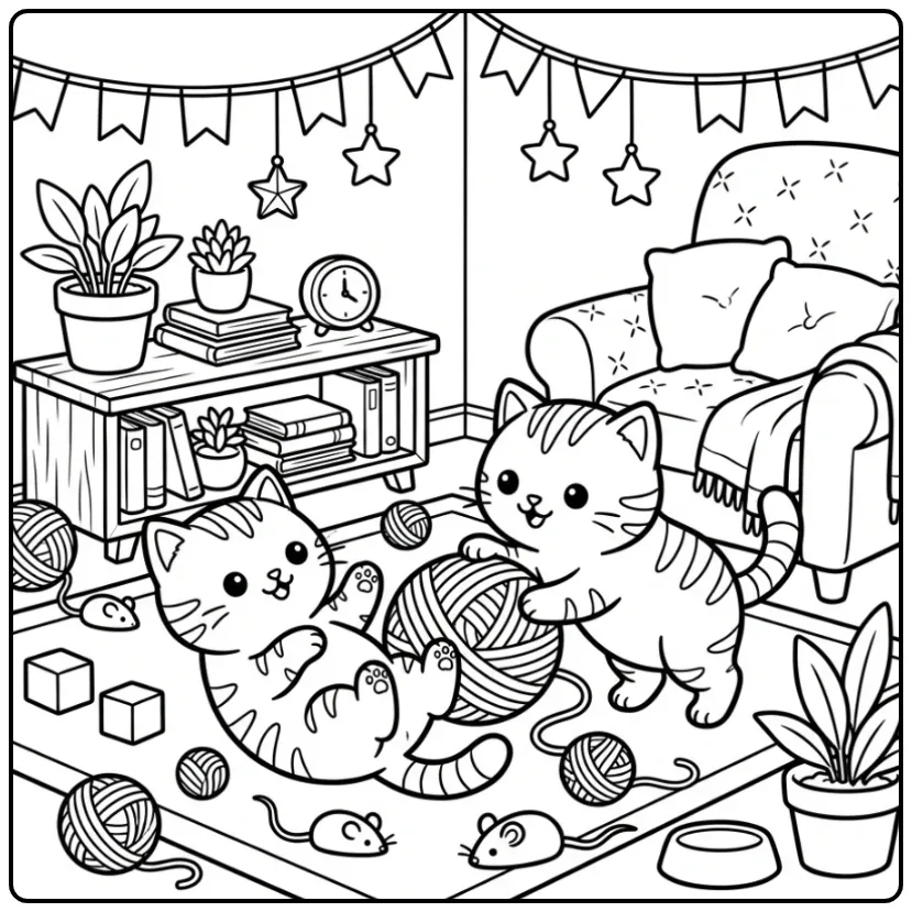 Een kleurplaat kitten schattig spelend met een bol wol.