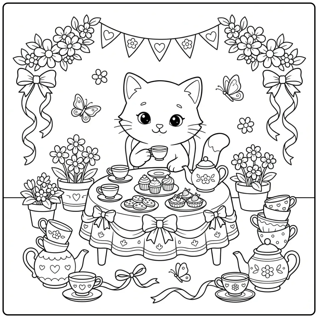 Schattige kleurplaat kitten aan een theetafel met bloemen.