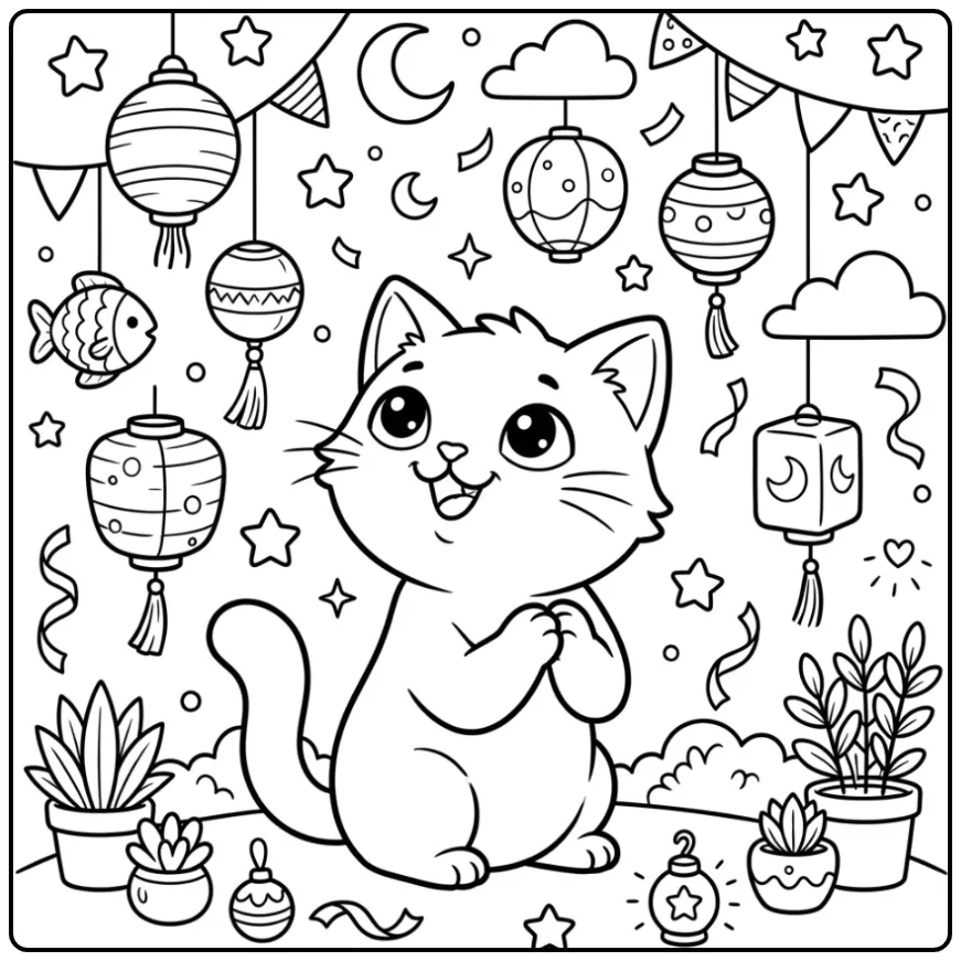 Schattige kleurplaat kitten kijkt naar zwevende lampionnen.