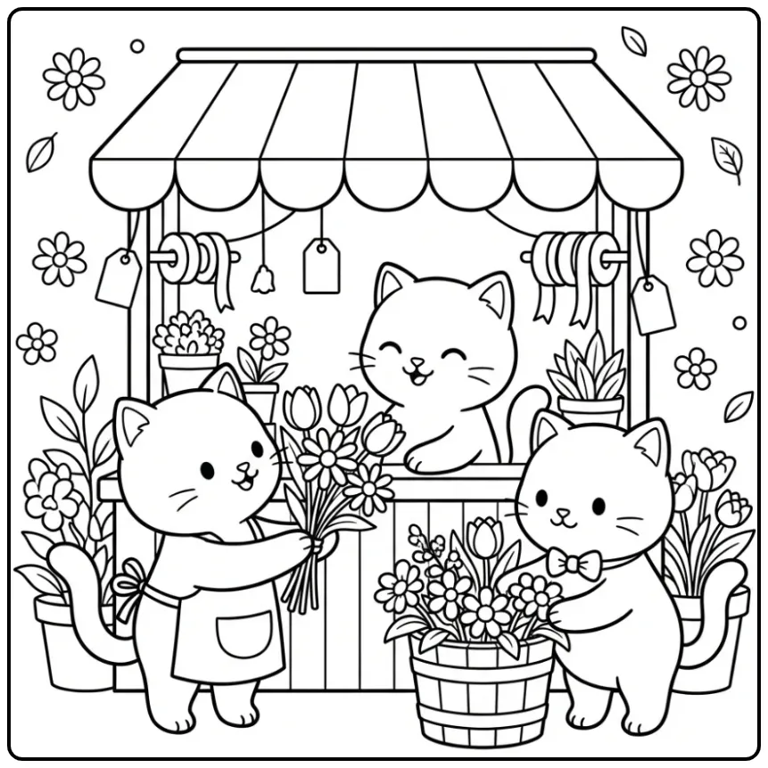 Schattige kleurplaat kittens die spelen in een bloemenkraam.