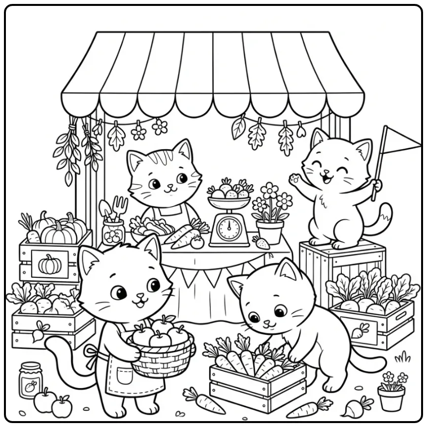 Schattige kleurplaat kittens op de markt met groenten.