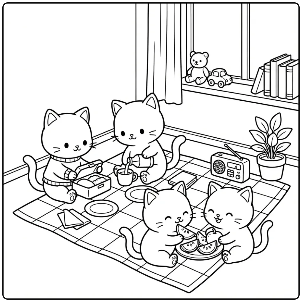 Schattige kleurplaat kittens tijdens een gezellige binnenpicknick.