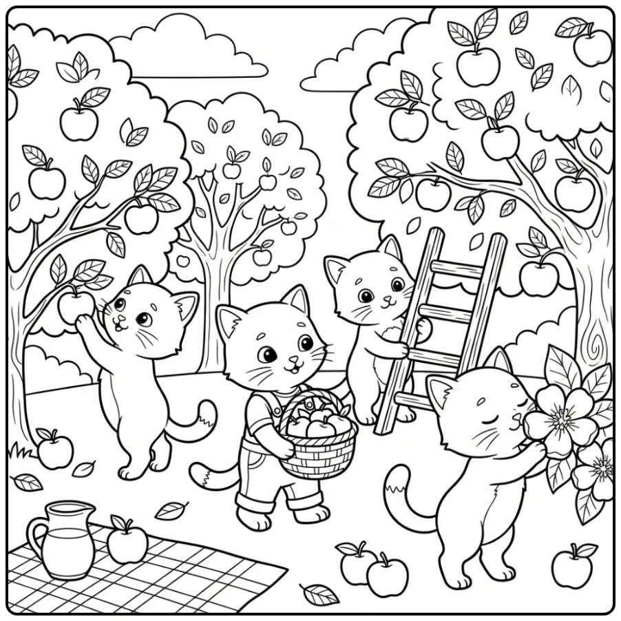 Leuke kleurplaat kittens die samen appels plukken met ladder.