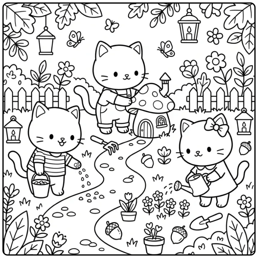 Schattige kleurplaat kittens planten een kleine tovertuin.