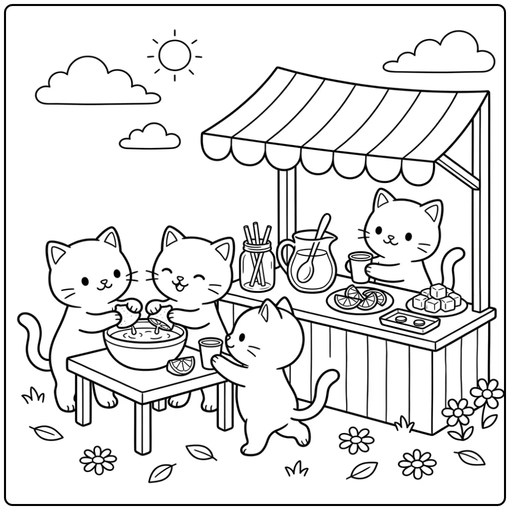Kleurplaat kittens maken verse limonade bij hun kraampje.