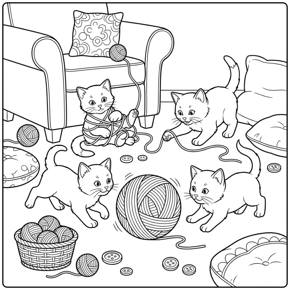 Schattige kleurplaat kittens spelend met een grote bol wol.