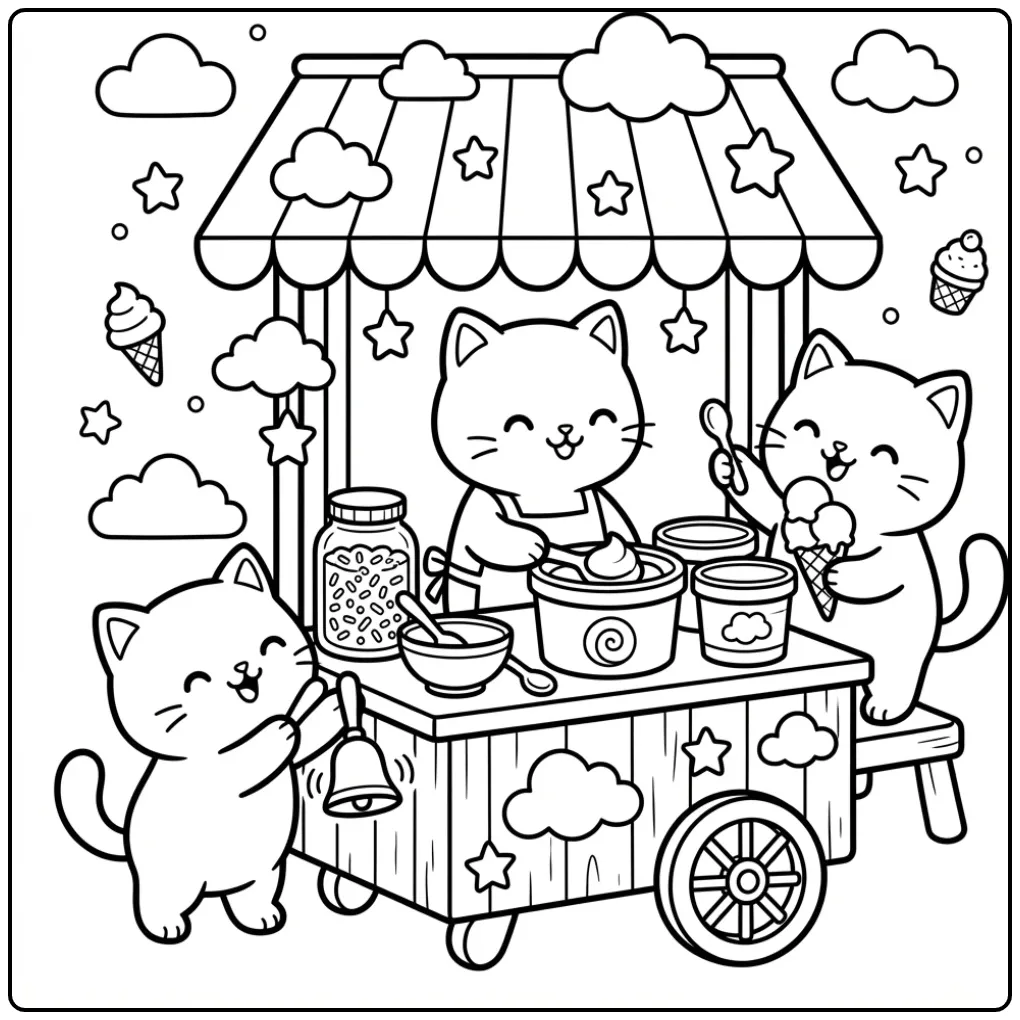 Schattige kleurplaat kittens verkopen ijs bij een kraam