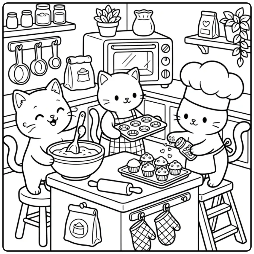 Schattige kleurplaat kittens bakken cupcakes in de keuken.