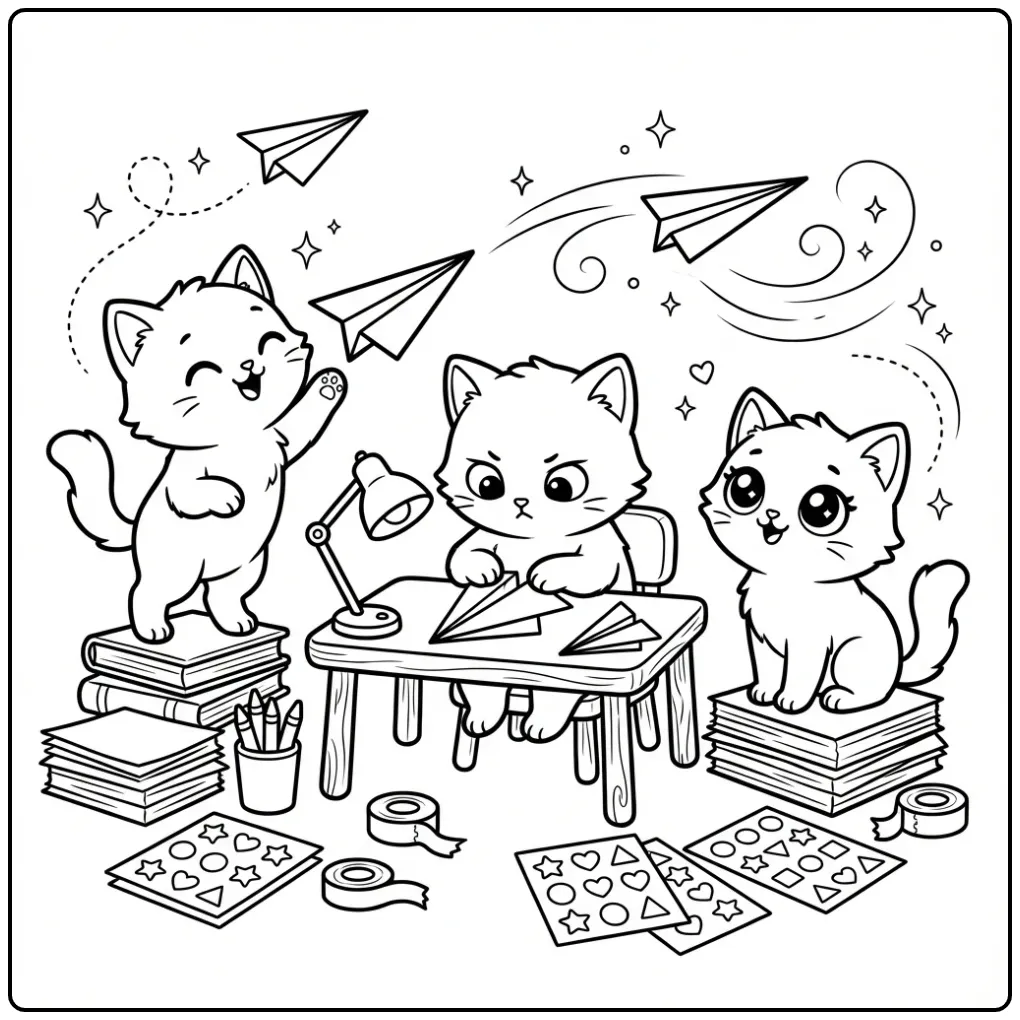 Schattige kleurplaat kittens vouwen papieren vliegtuigjes.
