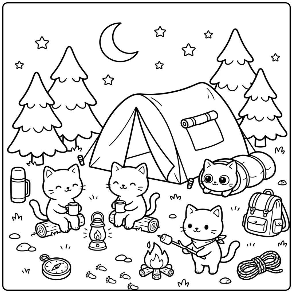 Schattige kleurplaat kittens kamperen in een tent onder sterren.