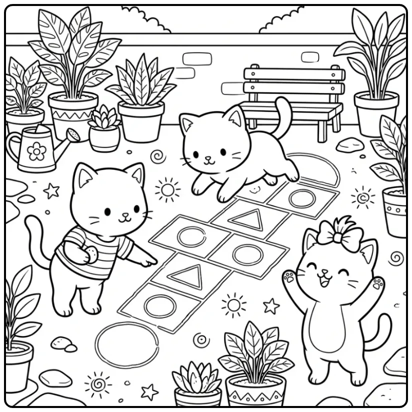 Schattige kleurplaat kittens hinkelend met krijtjes.