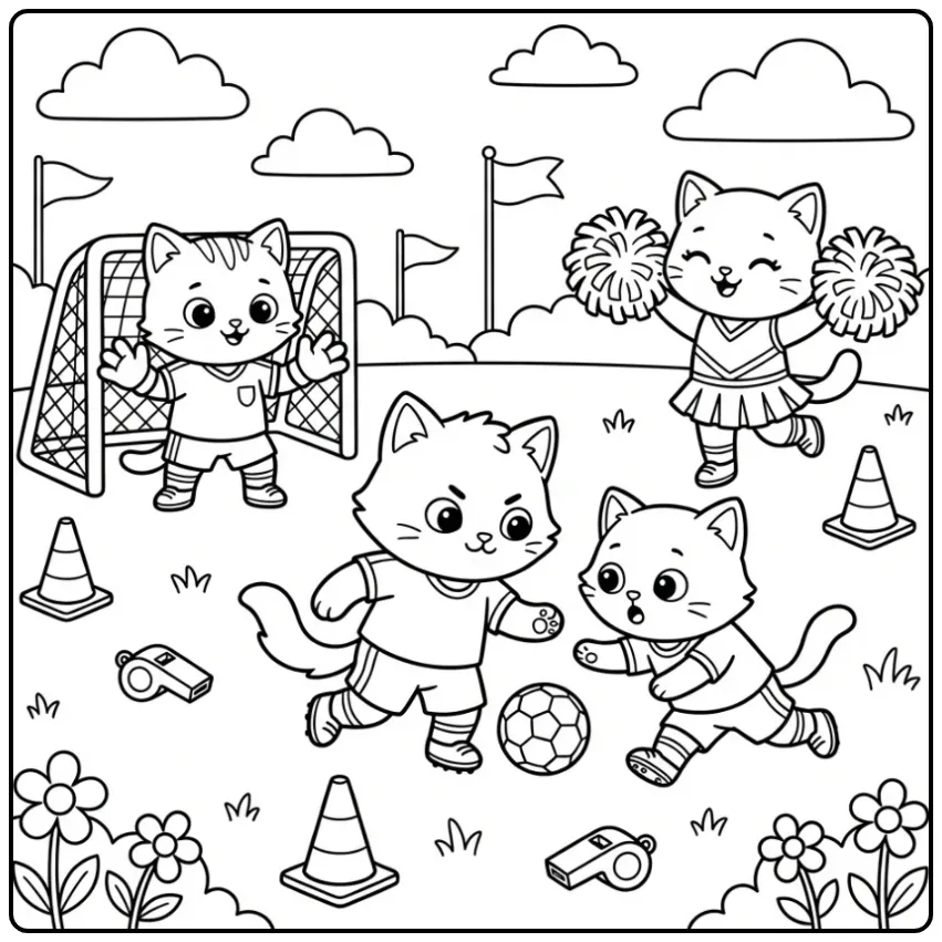 Sportieve kleurplaat kittens spelen voetbal op het veld.