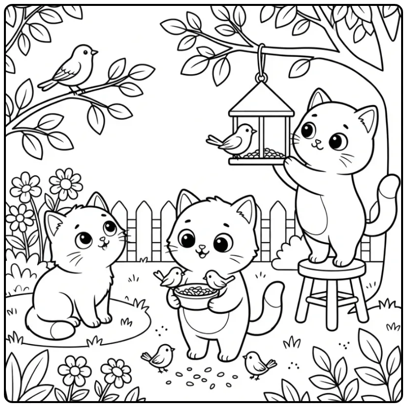 Schattige kleurplaat kittens geven vogels eten in de tuin.