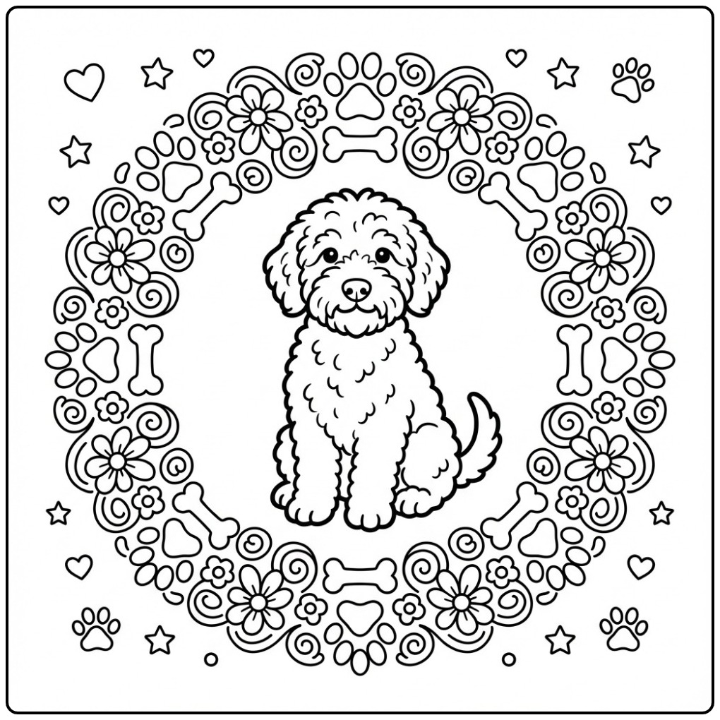 Schattige kleurplaat labradoodle in een sierlijke cirkel.