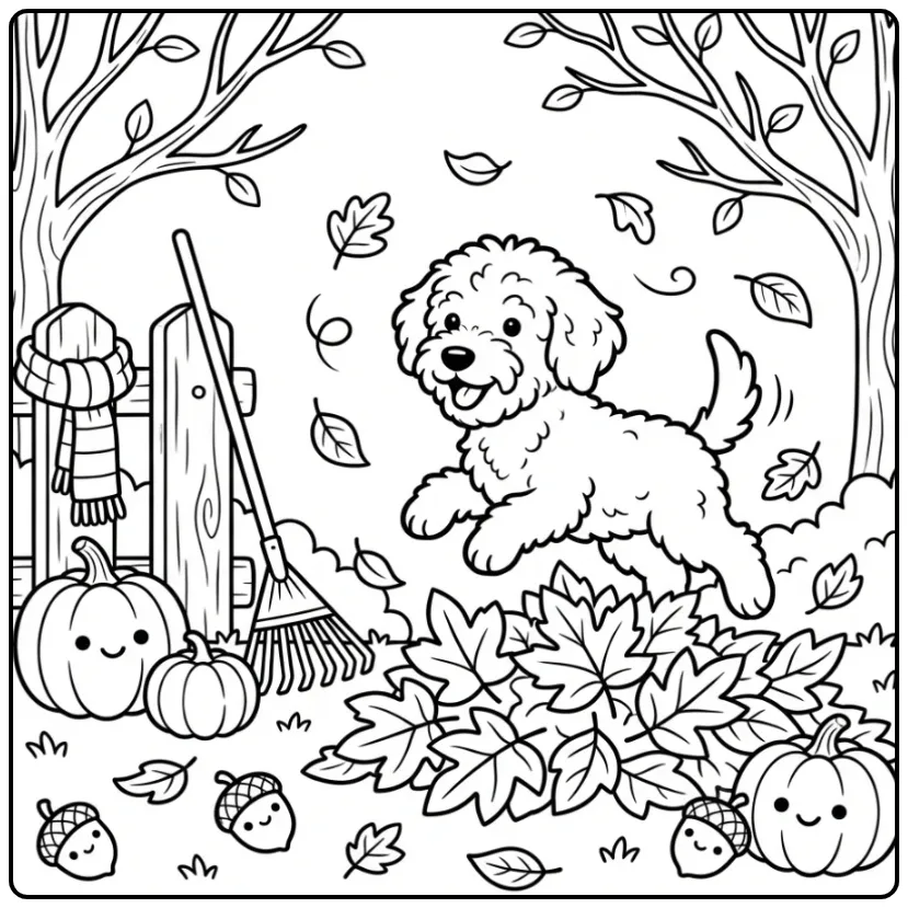 Schattige kleurplaat labradoodle puppy springt in bladeren