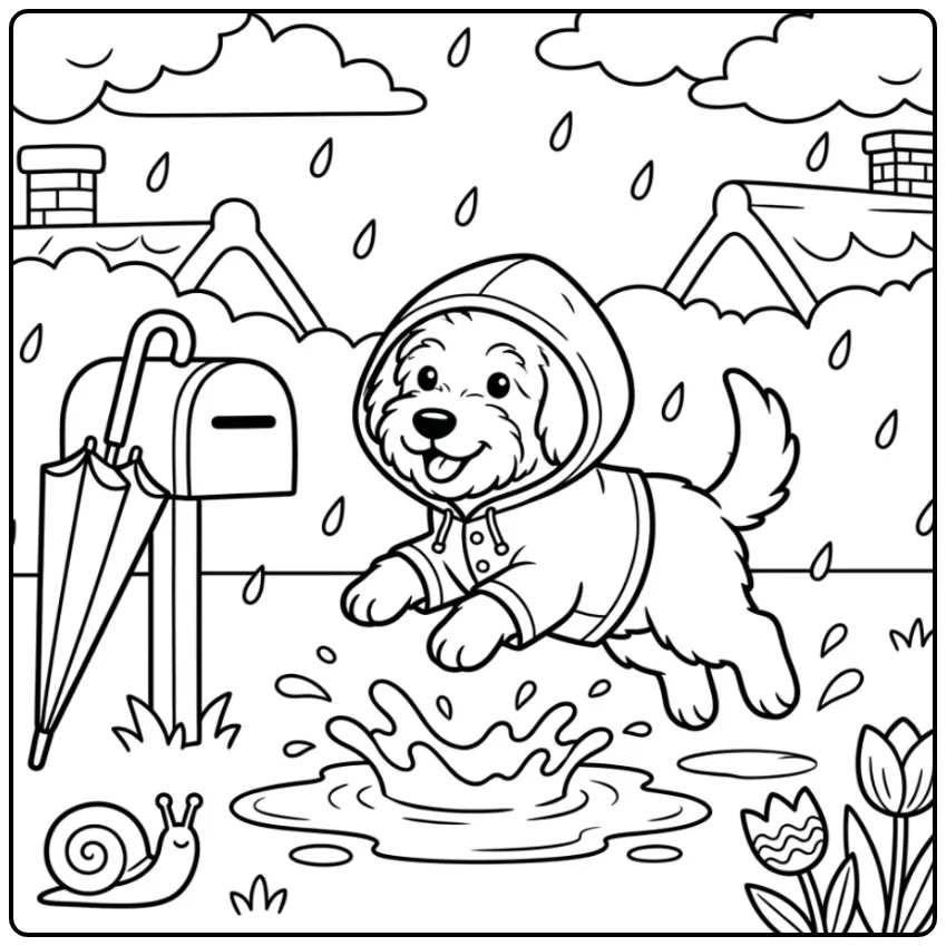 Schattige kleurplaat labradoodle puppy in regenjas springt.