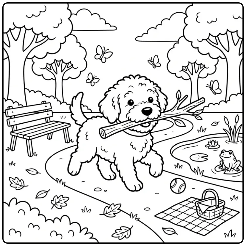 Schattige kleurplaat labradoodle puppy met stok in het park