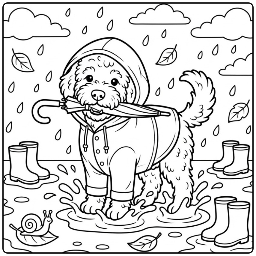 Leuke kleurplaat labradoodle in een regenjas in de plassen.