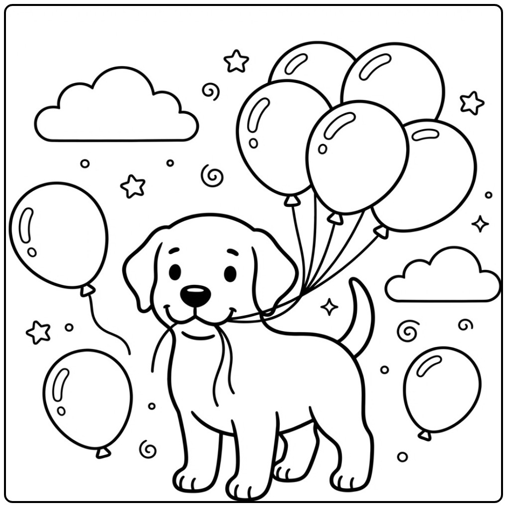 Leuke kleurplaat labrador puppy met een heleboel ballonnen.