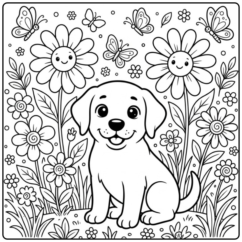 Een schattige kleurplaat labrador puppy tussen de bloemen.