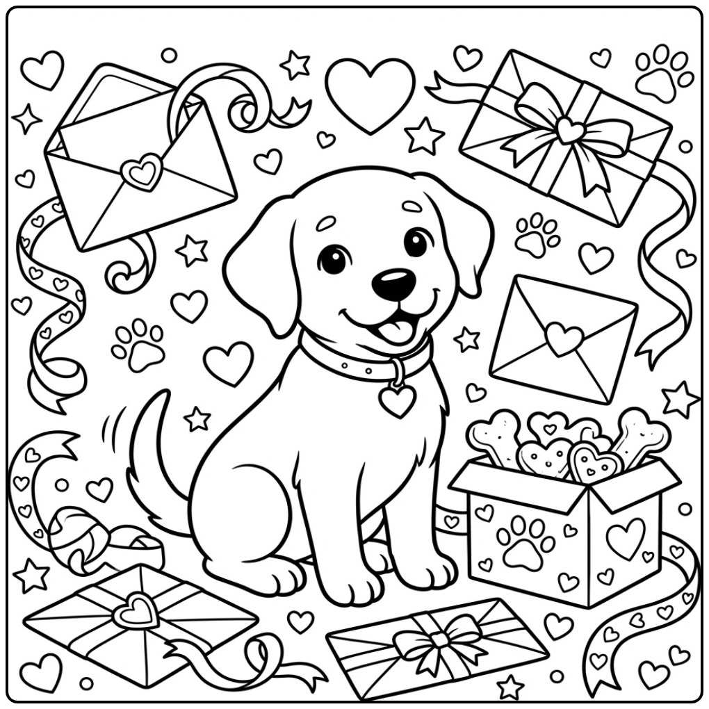 Schattige Valentijn kleurplaat labrador pup met cadeautjes.