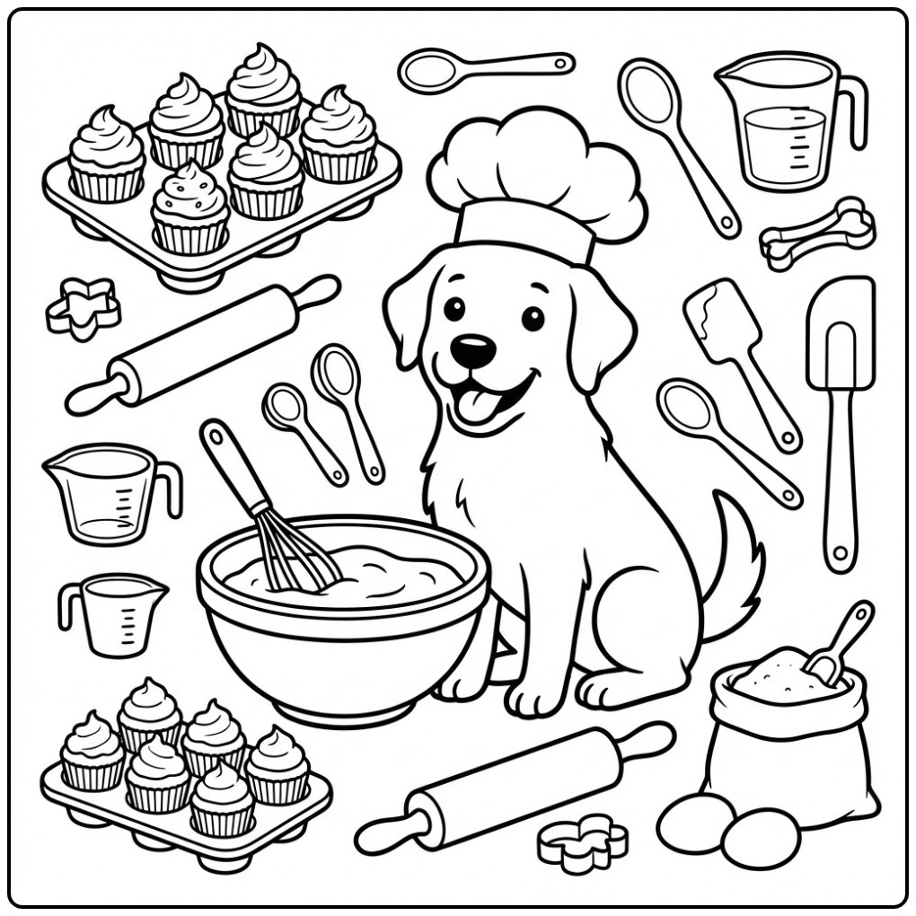 Een schattige kleurplaat labrador als bakker met cupcakes.