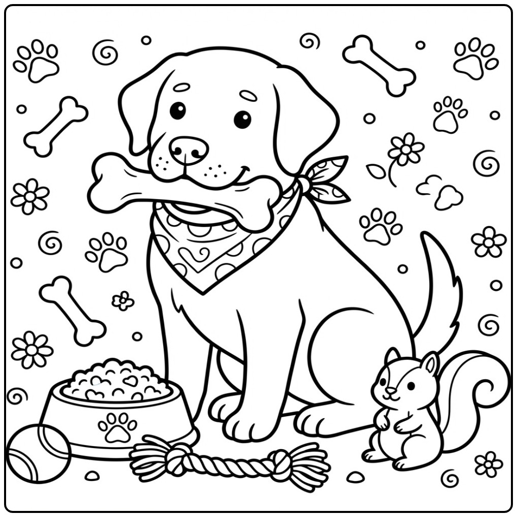 Leuke kleurplaat labrador met een bot, speelgoed en eekhoorn.