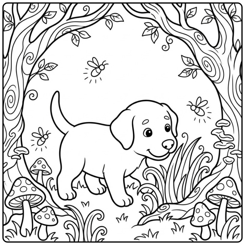 Een schattige kleurplaat labrador puppy in een sprookjesbos.