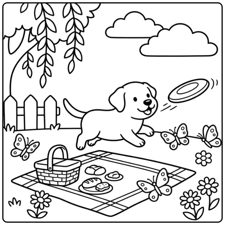 Een leuke kleurplaat labrador puppy die achter een frisbee rent.