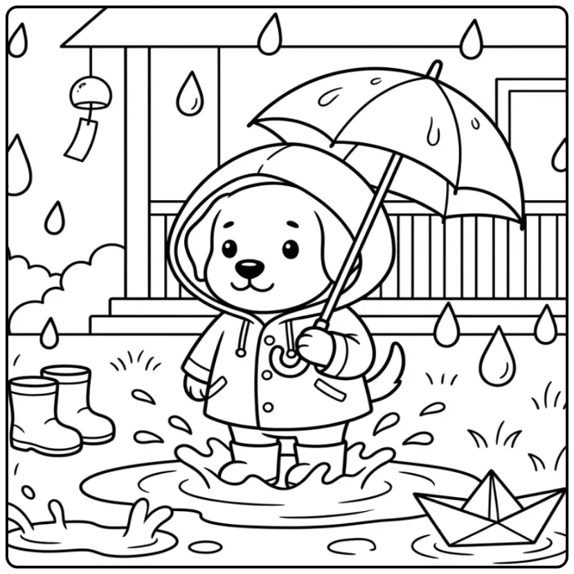 Kleurplaat labrador puppy met regenjas en paraplu in de regen.