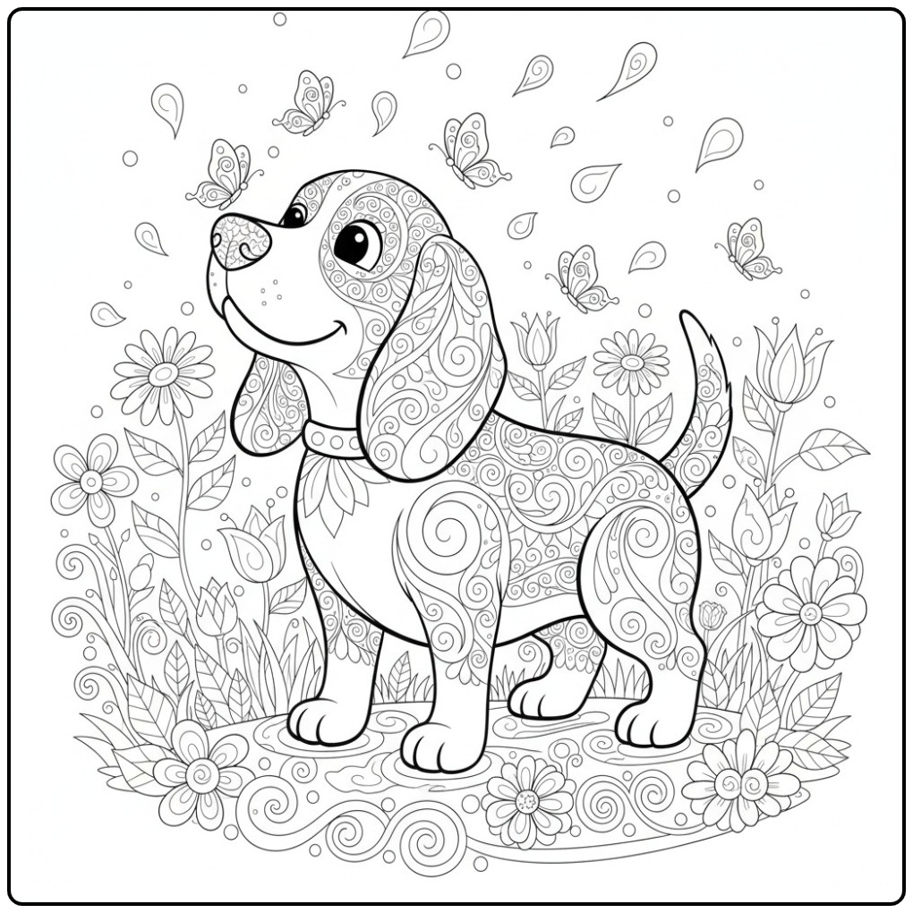 Een nieuwsgierige Beagle als kleurplaat mandala hond in de tuin.