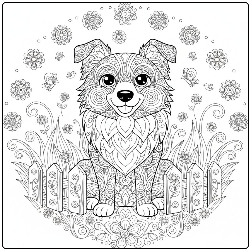 Een trotse Border Collie als kleurplaat mandala hond in een wei.