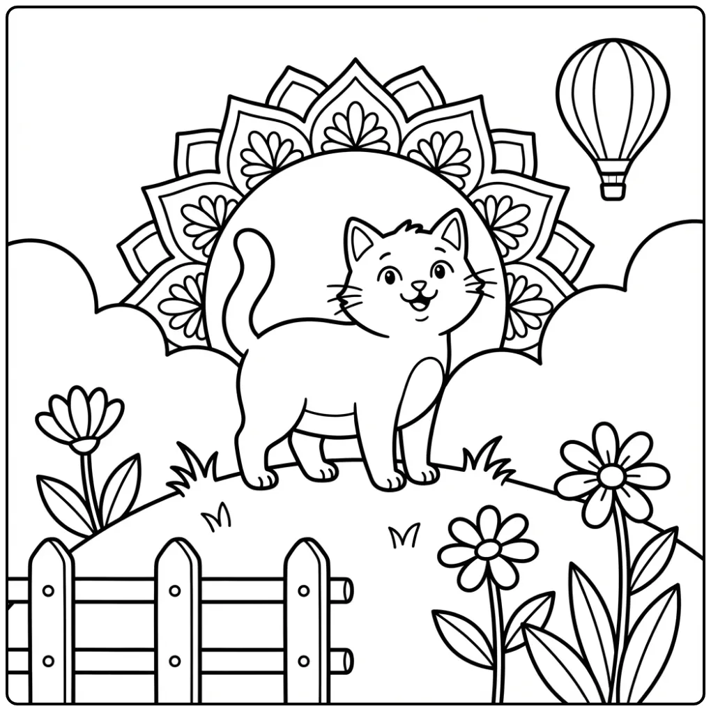 Mooie kleurplaat mandala kat buiten met zon en bloemen.