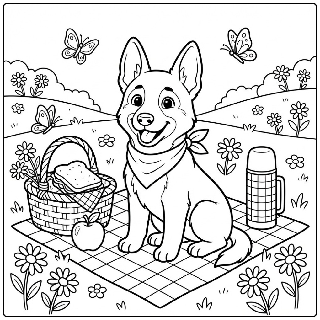 Schattige kleurplaat mechelse herder met bandana op picknick.