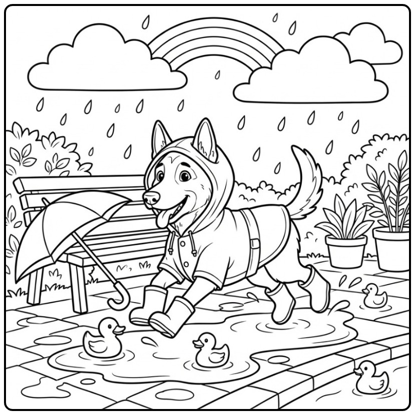 Een schattige kleurplaat mechelse herder springt over plassen.