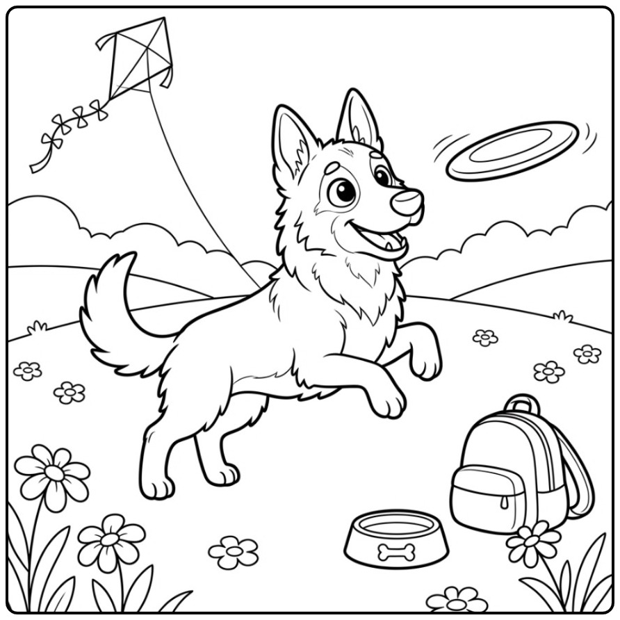 Een blije kleurplaat mechelse herder vangt een frisbee in de wei.