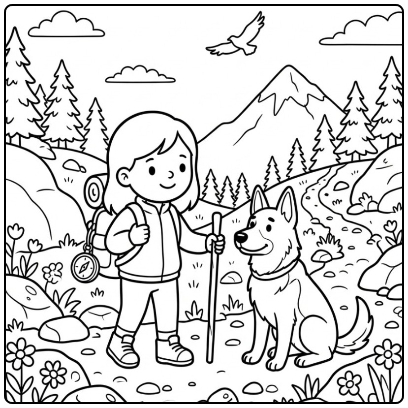 Een avontuurlijke kleurplaat meisje met hond op een bergpad.