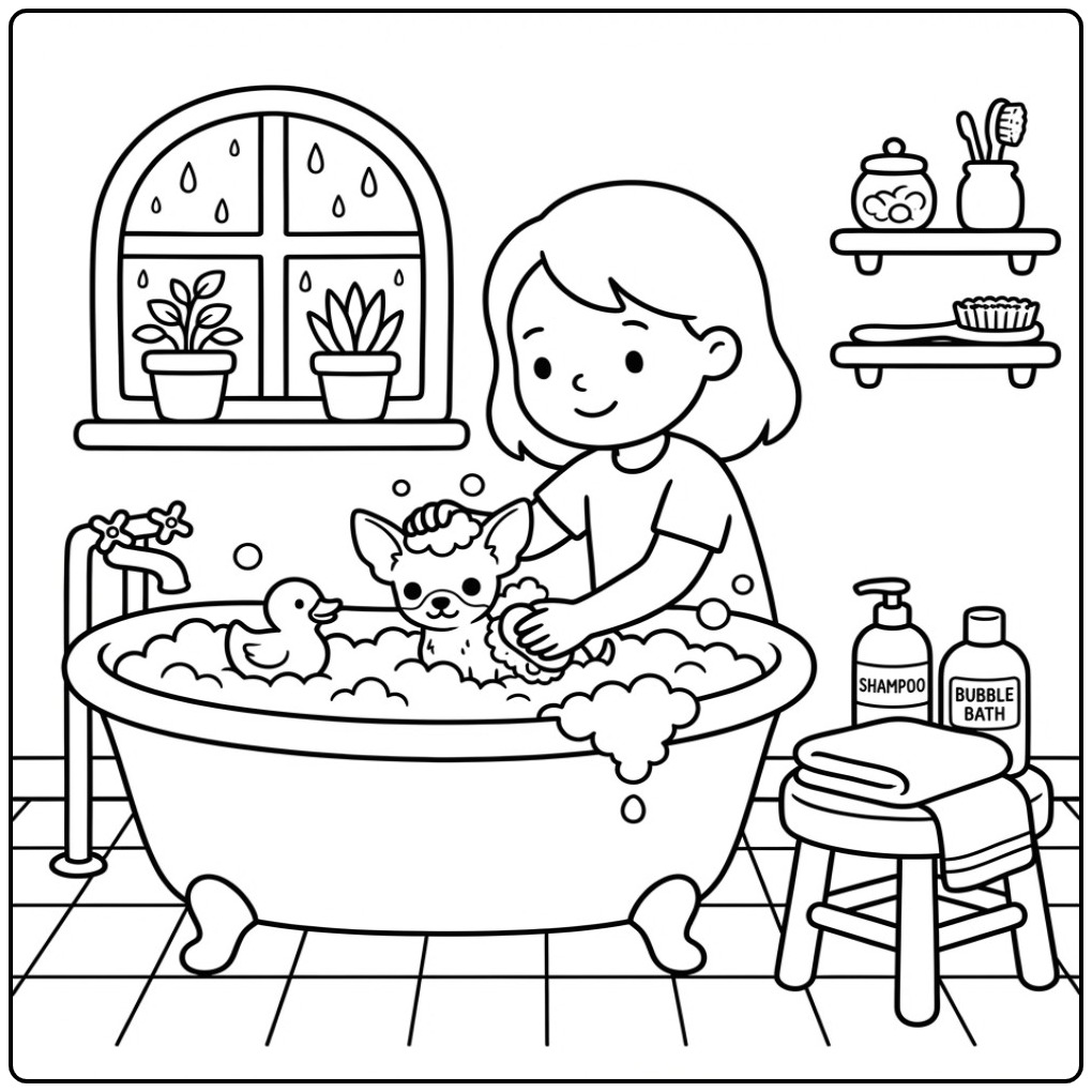 Een lieve kleurplaat meisje met hond in een badkuip vol schuim.