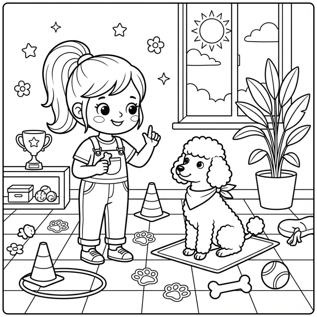Leuke kleurplaat meisje met hond die een poedel een truc leert.