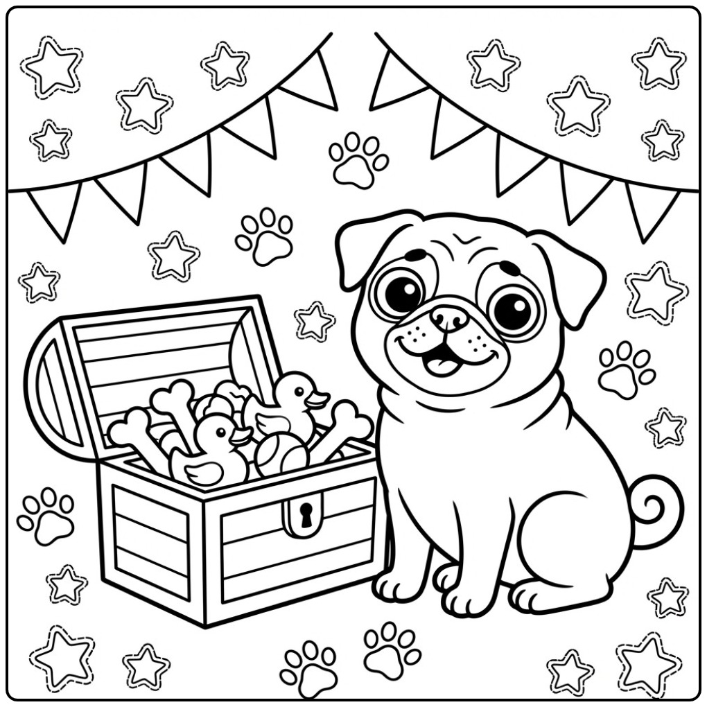 Schattige kleurplaat mopshond met een kist vol speelgoed.