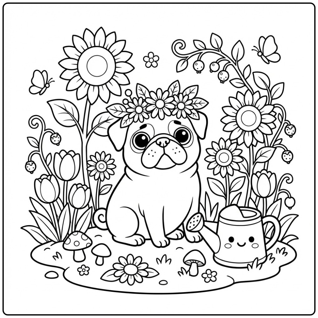 Schattige kleurplaat mopshond met bloemenkroon in een tuin.