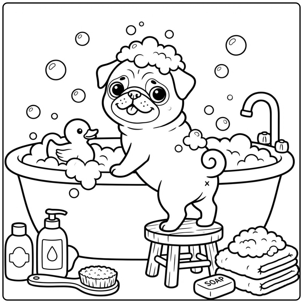 Een schattige kleurplaat mopshond die in bad gaat met bellen.