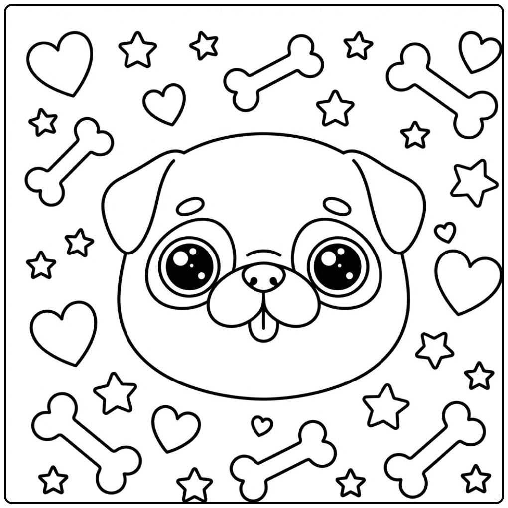Schattige kleurplaat mopshond met hartjes en botjes.