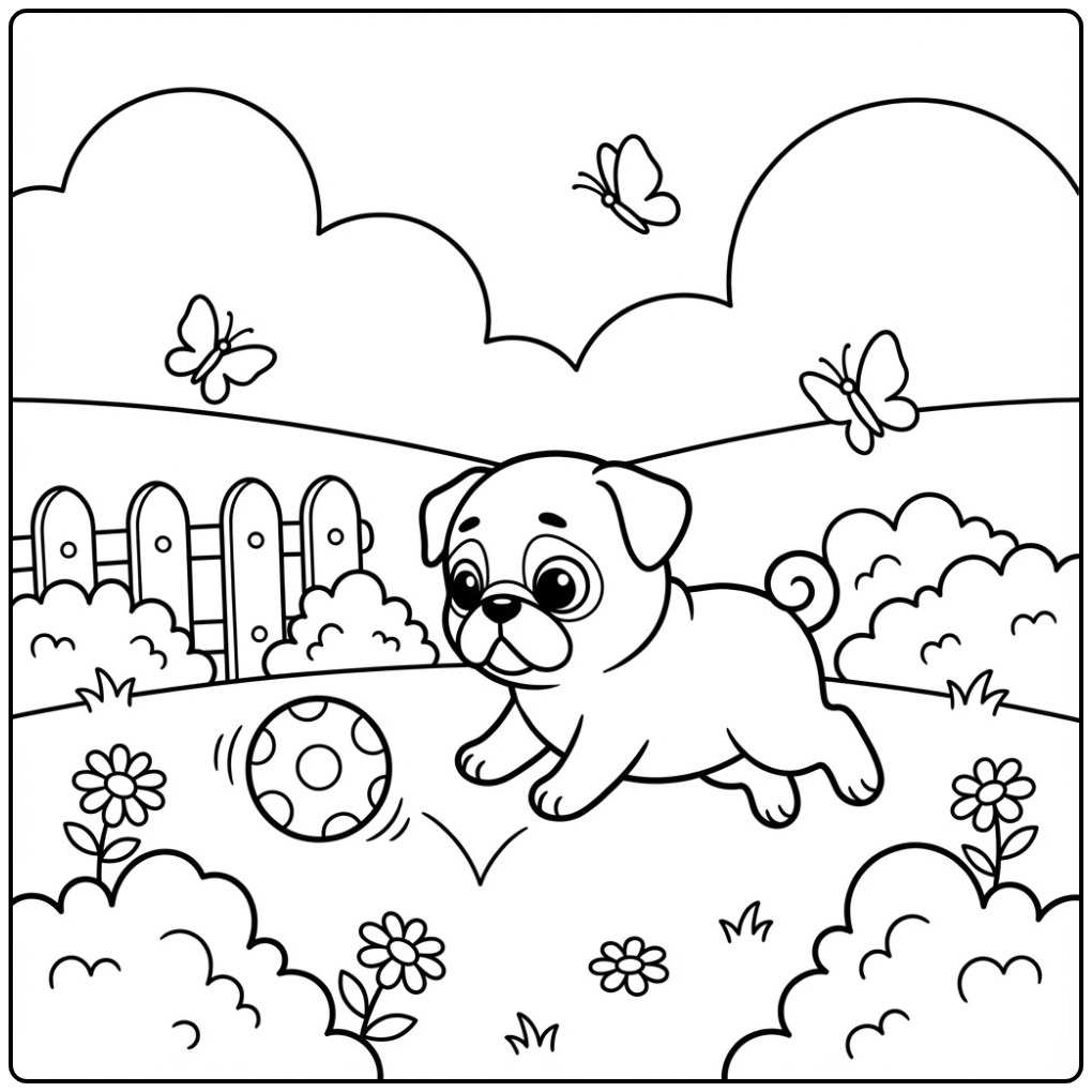 Leuke kleurplaat mopshond die in de tuin met een bal speelt